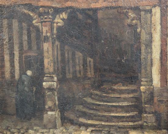 Herman Courtens (1884-1956) Interior with figure beside steps, 12.5 x 15.5in.